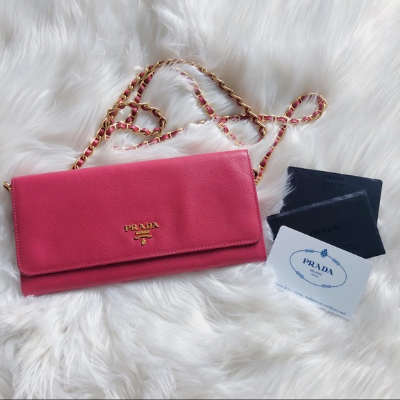 Prada Pink Saffiano Leather Wallet on Chain, Luxury, Bags